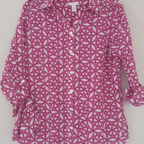 Chico’s Sz 1 (M) Pink White Geometric Print Button Cotton Blouse Shirt Roll Tab - Picture 9 of 9